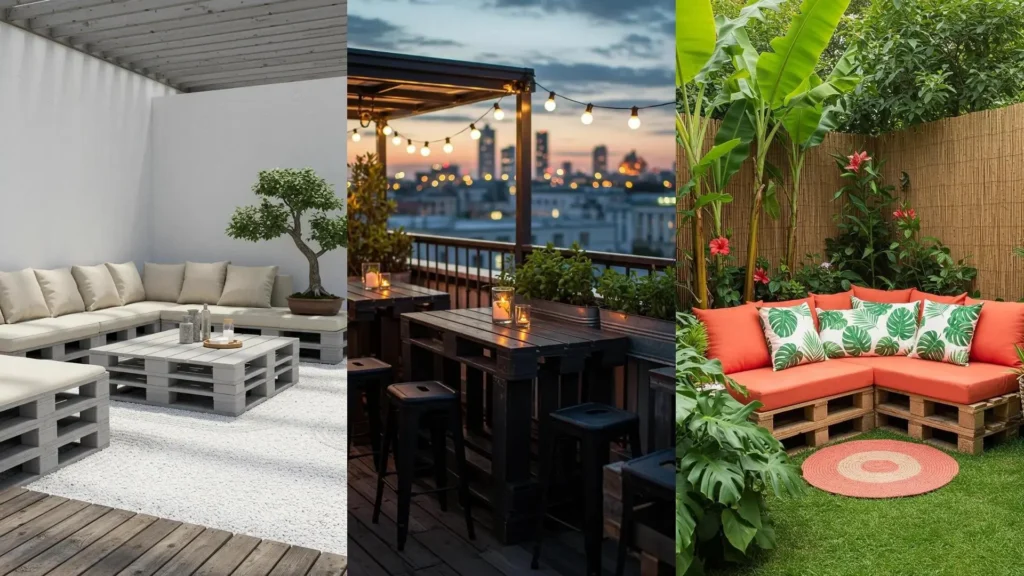 Inspiración para jardines DIY con mobiliario de palets pintados: sofá, mesa y barra en ambientes únicos.