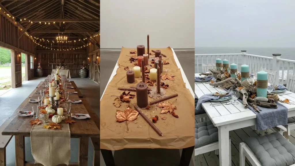 Varias mesas de otoño decoradas con hojas secas, calabazas pequeñas y velas rústicas creando un ambiente acogedor.