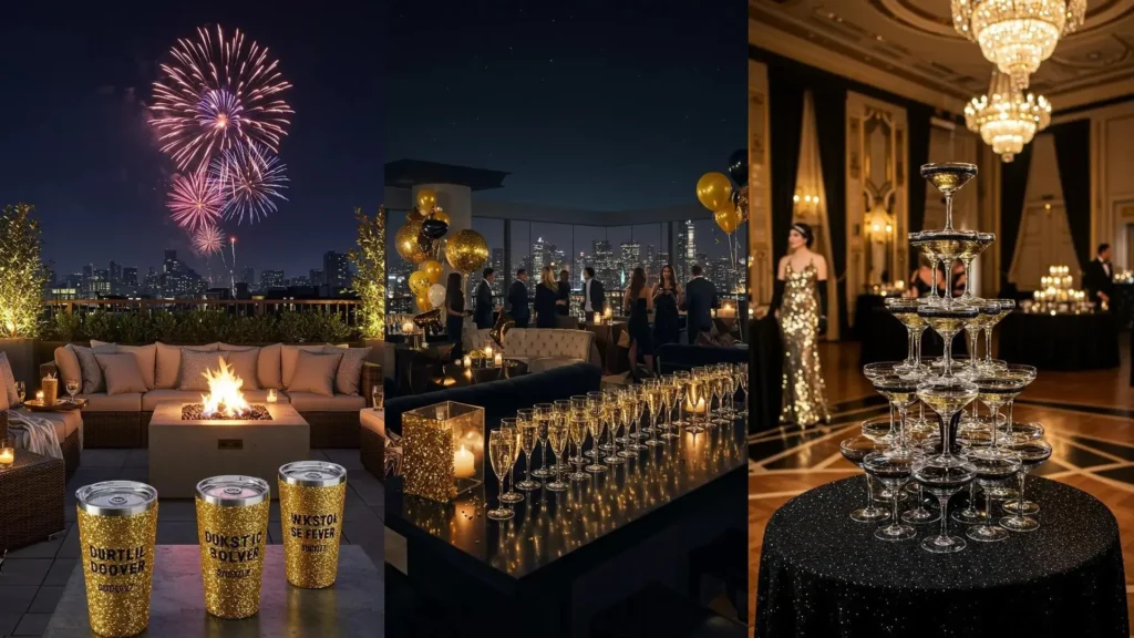 Escena de celebración de Año Nuevo con copas con glitter, una torre de champán y fuegos artificiales, perfecto para un brindis.