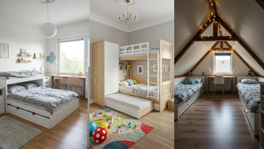 Tres ideas modernas de habitaciones compartidas con camas nido y literas para optimizar el espacio.