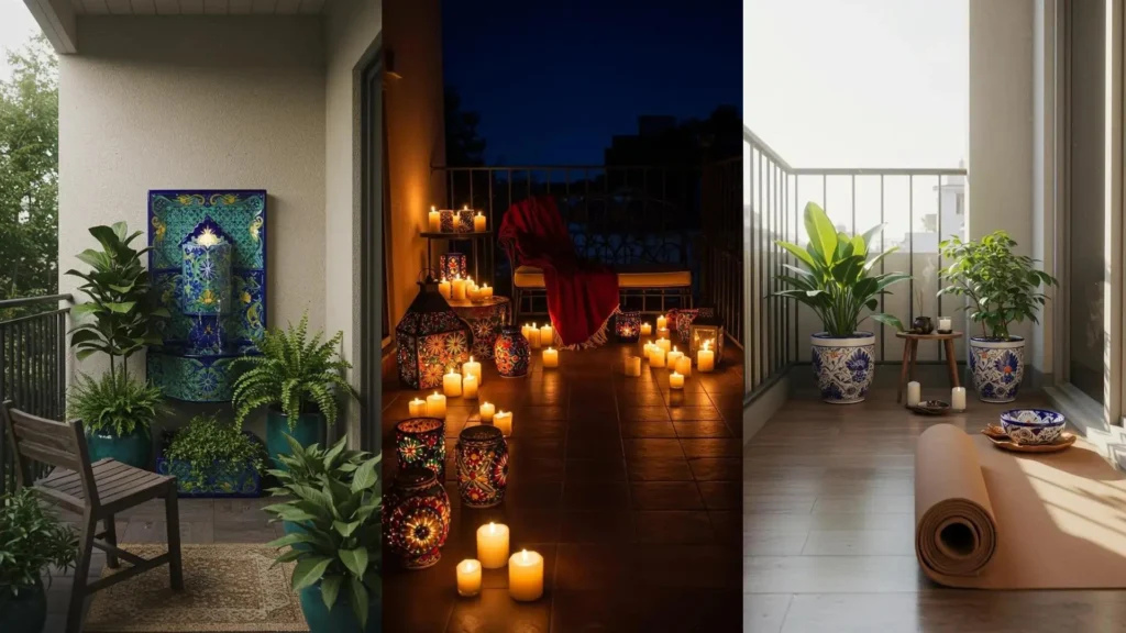 Balcones vibrantes con decoración exterior: plantas en macetas y fuente de cerámica Talavera de colores mexicanos.