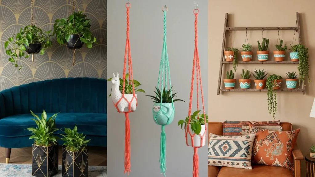 Diversas plantas colgantes y macetas DIY decoran una sala de estar moderna, realzando el ambiente con verdor.
