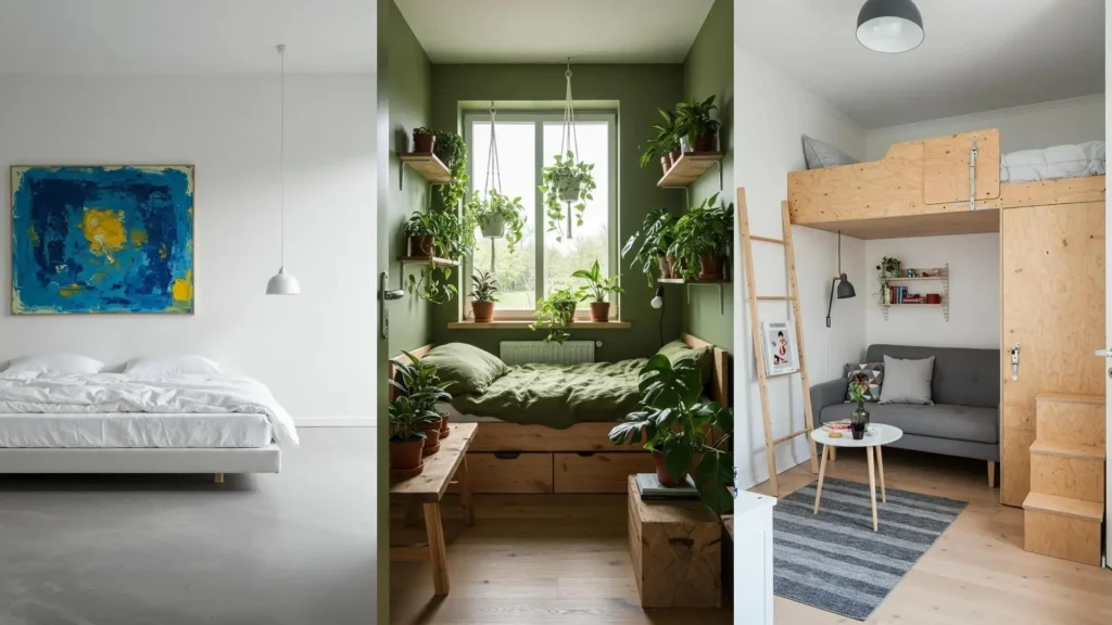 Propuestas de estilo escandinavo para dormitorios pequeños con cama elevada, plantas y decoración nórdica minimalista.