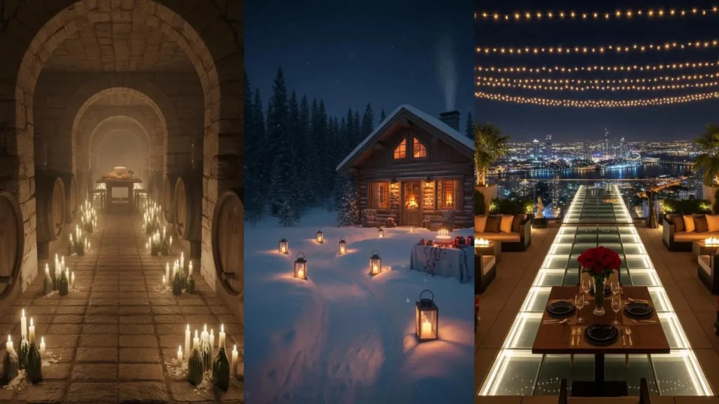 Caminos de velas creando ambientes románticos para cumpleaños: un sótano, una cabaña nevada y una terraza en la ciudad.