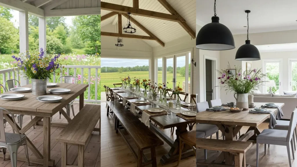 Comedores estilo granja con mesas de madera, vajilla blanca y vibrantes centros florales silvestres.
