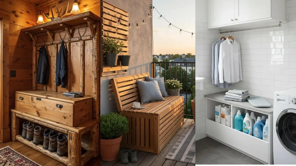 Bancos de madera con almacenamiento secreto, como uno rústico en entrada y otro en balcón, optimizando espacios pequeños.