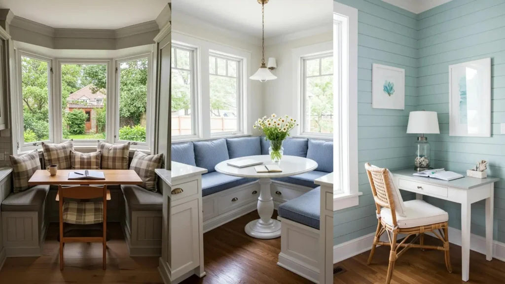 Acogedor rincón de cocina estilo farmhouse con banco, cojines a cuadros y mesa de madera junto a la ventana.