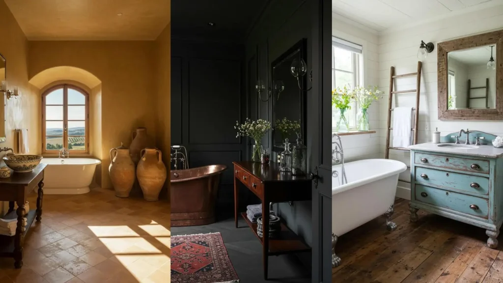 Baños decorados con frascos antiguos, muebles restaurados y elementos vintage para un estilo único y lleno de encanto.