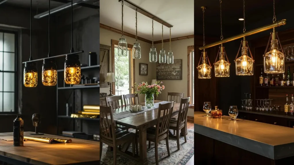 Varias lámparas colgantes industriales creadas con frascos reutilizados, iluminando espacios como comedores y bares.