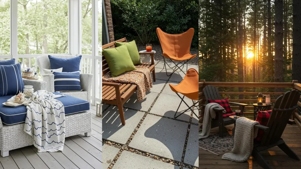 Patios acogedores con cómodos cojines mullidos y mantas artesanales, invitando a la relajación al aire libre.