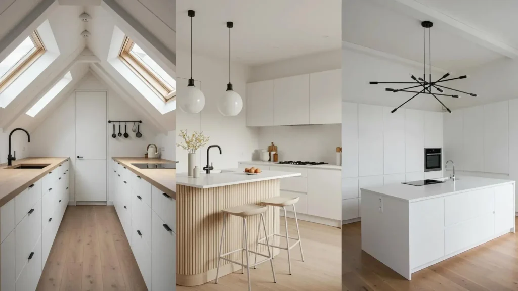 Cocinas escandinavas blancas minimalistas con elegantes detalles en negro mate. Incluye diseños de isla y techos abuhardillados.