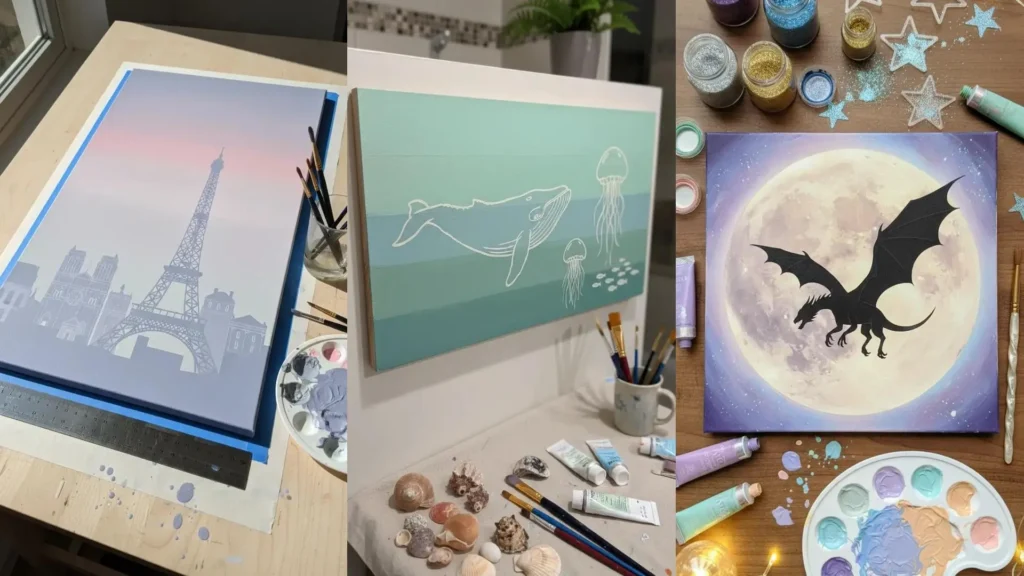 Tres cuadros DIY con siluetas pintadas en tonos pastel: Torre Eiffel, ballena y dragón sobre fondos suaves.