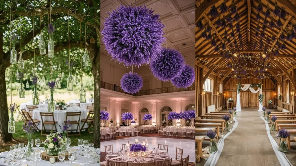Hermosas decoraciones de boda de verano con ramos colgantes de lavanda en botellas, esferas y estilo rústico.