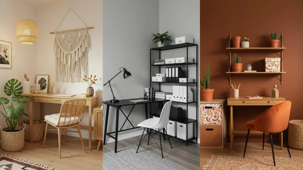 Diseños de rincones de oficina con decoración ecológica, incluyendo elementos de bambú, plantas y almacenaje con papel reciclado.