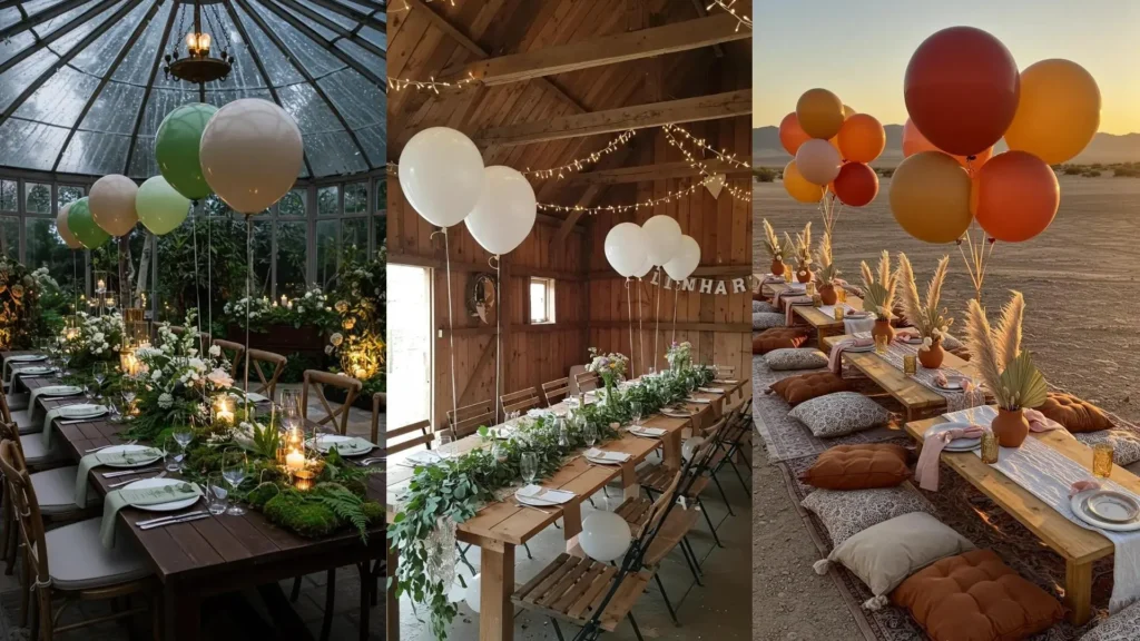 Centros de mesa con globos flotantes y flores para cumpleaños, decorando mesas elegantes en varios ambientes.