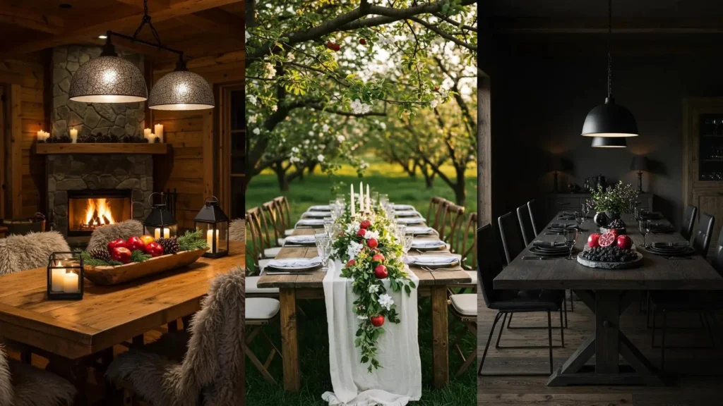 Tres centros de mesa rústicos y chic para comedor, con frutas frescas como manzanas y granadas, ideales para decoración.