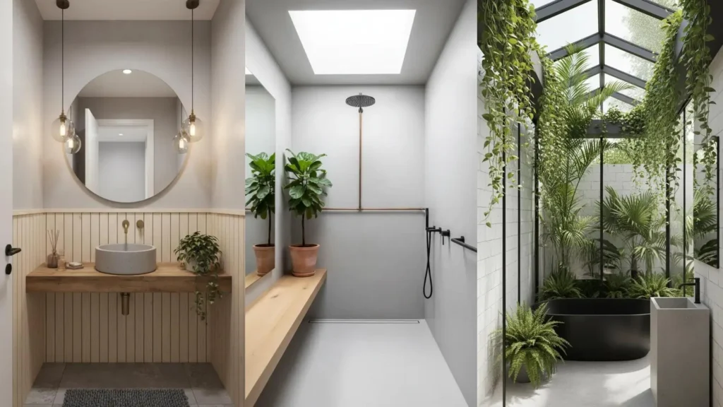 Imágenes de baños industriales suaves y modernos, mostrando vanidades de madera, duchas minimalistas y bañeras rodeadas de plantas.