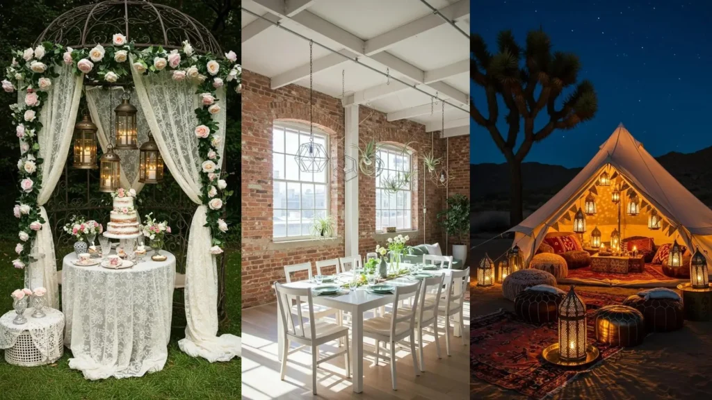 Tienda de campaña de estilo bohemio con faroles colgantes y cojines para decoración de cumpleaños.