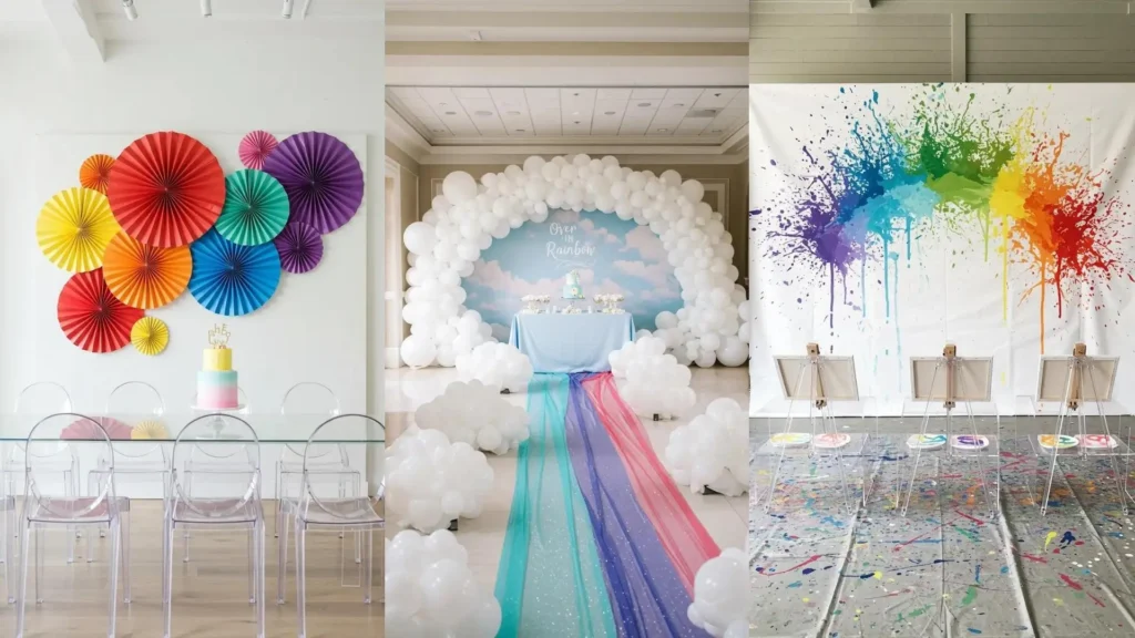 Fondos de fotos de arcoíris para fiestas infantiles mágicas con globos, salpicaduras de pintura y decoraciones de papel.