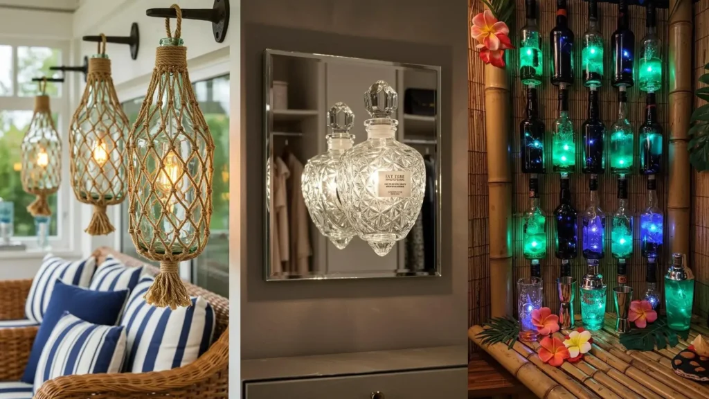 Una pared decorada con botellas de vidrio transformadas en lámparas coloridas y creativas. Ideas de bricolaje para lámparas de pared.