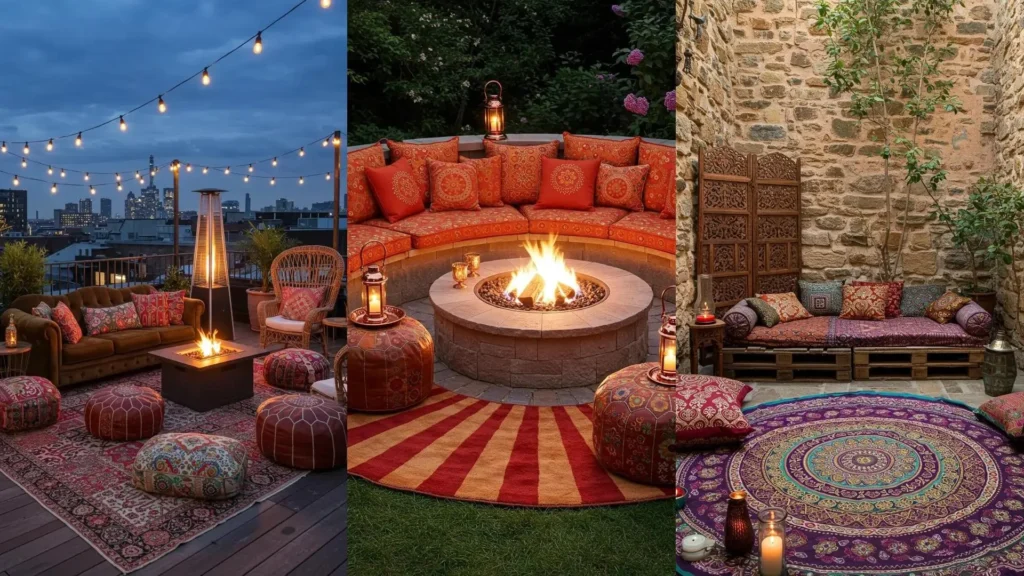 Patios bohemios coloridos con alfombras exteriores y cojines estampados creando ambientes acogedores para relajarse.