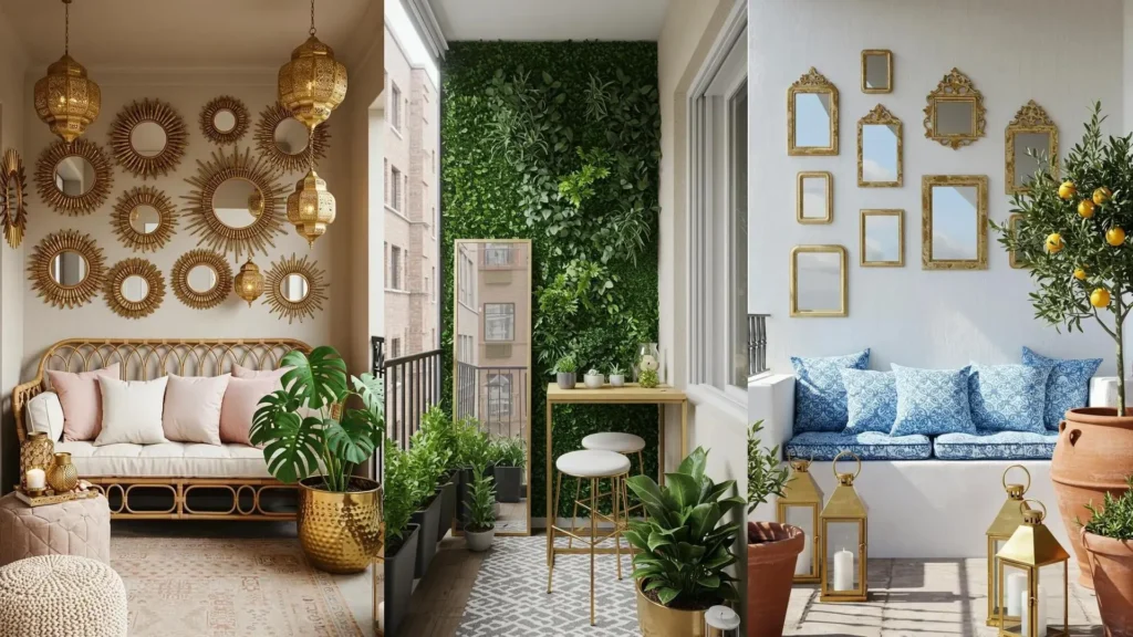 Balcones luminosos y elegantes con creativos juegos de espejos dorados. Ideas para decorar espacios exteriores.