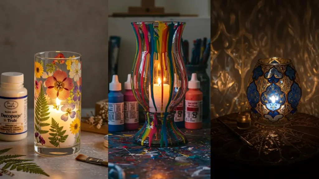 Creativos portavelas de vidrio pintados a mano: floral, goteo multicolor y patrón azul/dorado, ideales para iluminar rincones.
