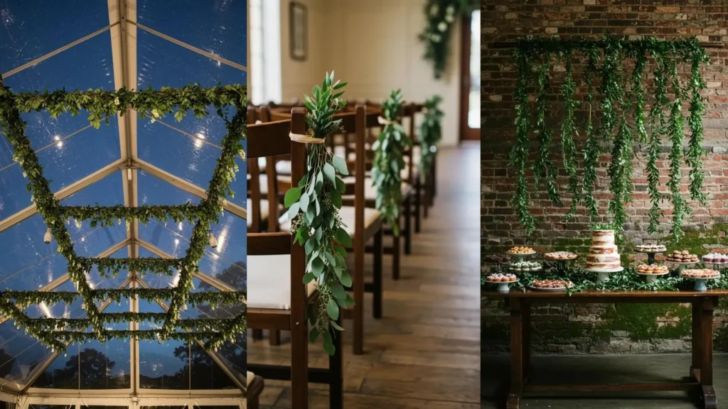 Guirnaldas de hojas verdes decorando una carpa, sillas y una pared de ladrillo en una boda estilo jardín secreto.