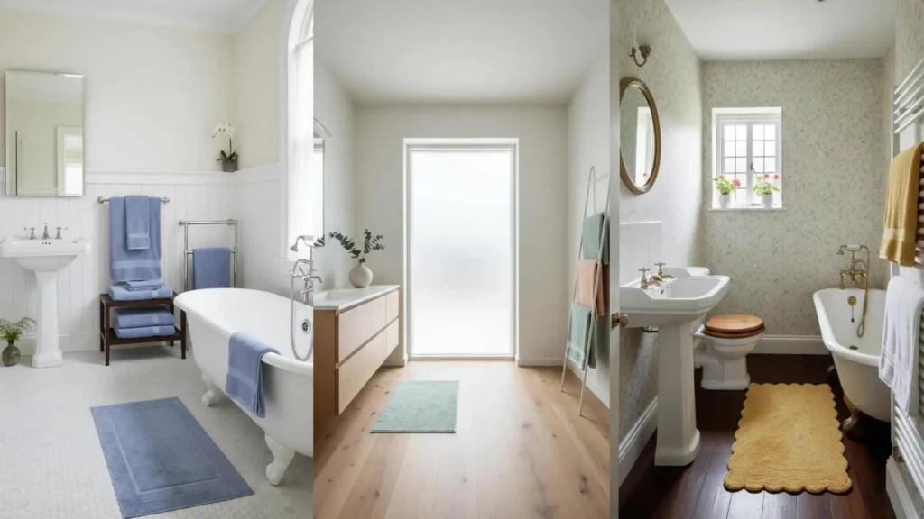 Baños con textiles en tonos pastel: toallas azules, verdes y amarillas, y alfombras de baño para ideas frescas de decoración.