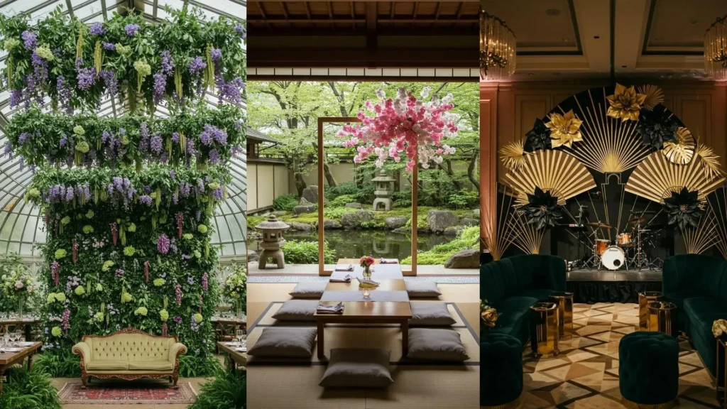 Rincón de fotos de boda con fondo de flores gigantes púrpuras y verdes y un elegante sofá vintage.