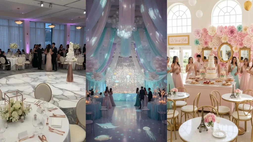 Decoración de quinceañera con tonos rosas, featuring pastel, mesa de postres variados y una pared de flores gigantes. Ambiente festivo y elegante.