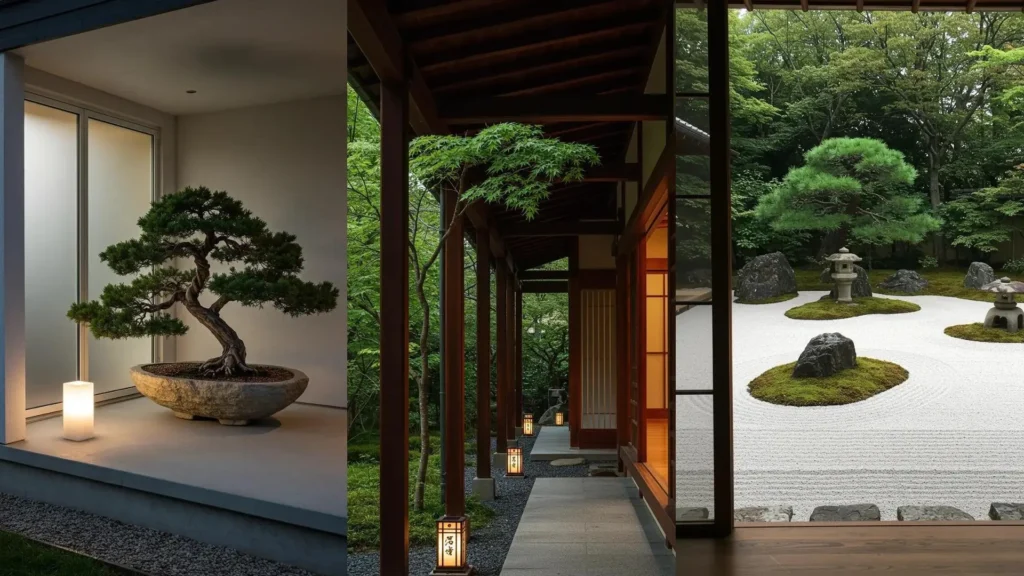 Porche japonés decorado con un bonsái, linternas tradicionales y un sereno jardín zen. Ideas de diseño exterior.