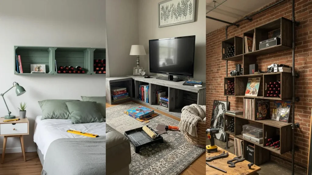 Varias cajas de vino transformadas creativamente en estantes para libros y almacenamiento en diferentes espacios del hogar.