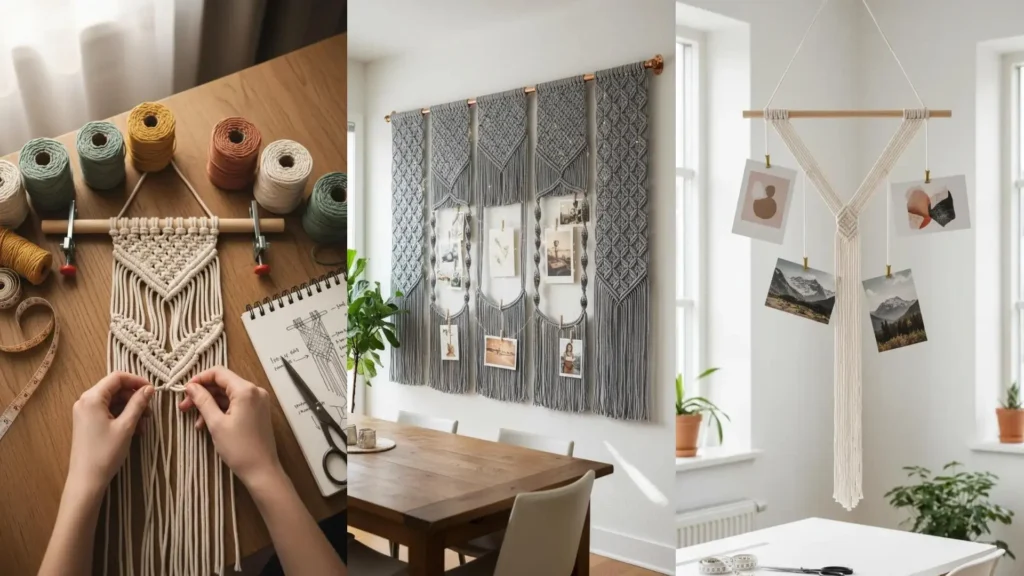 Varias ideas de macramé para colgar fotos y recuerdos, incluyendo uno en proceso y dos diseños con imágenes.