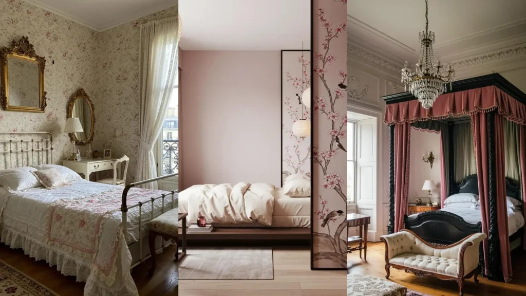 Inspiración romántica para dormitorios en rosa pastel con camas elegantes, detalles florales y ambientes de ensueño.
