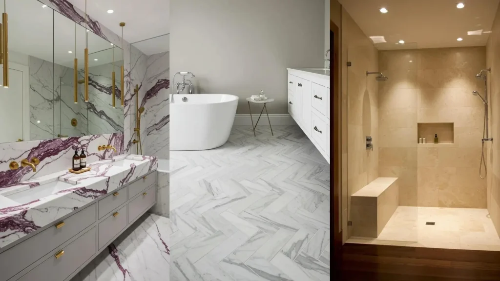 Inspiración: elegante baño de mármol con vetas vibrantes en lavamanos y paredes. Un toque sofisticado para tu hogar.