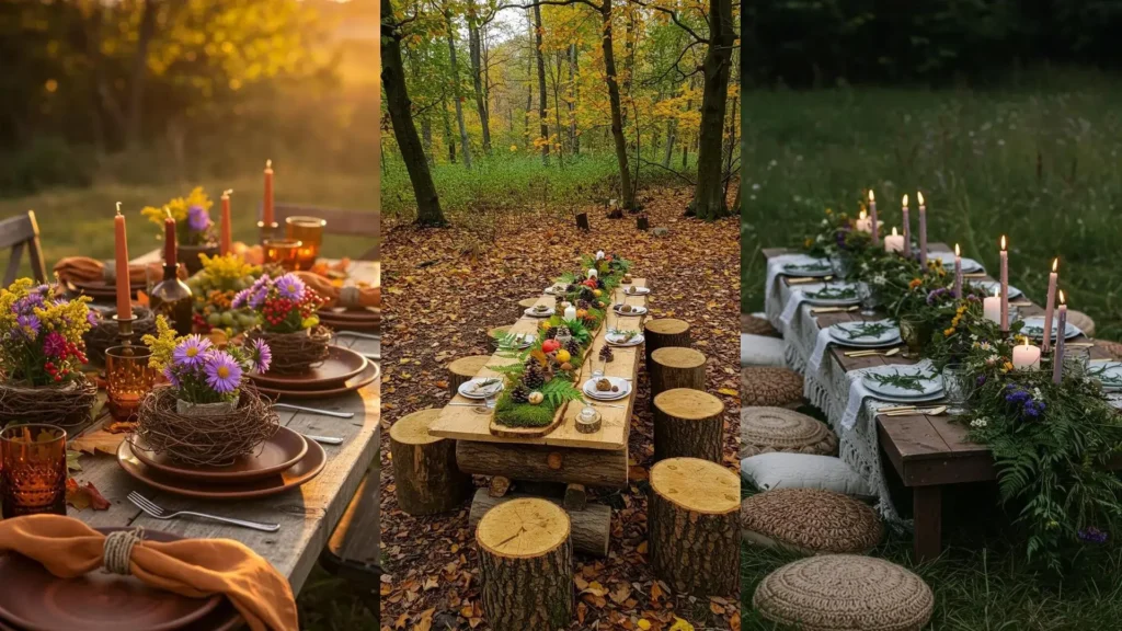 Tres arreglos rústicos de centros de mesa hechos a mano con flores de temporada y velas para decoración exterior.