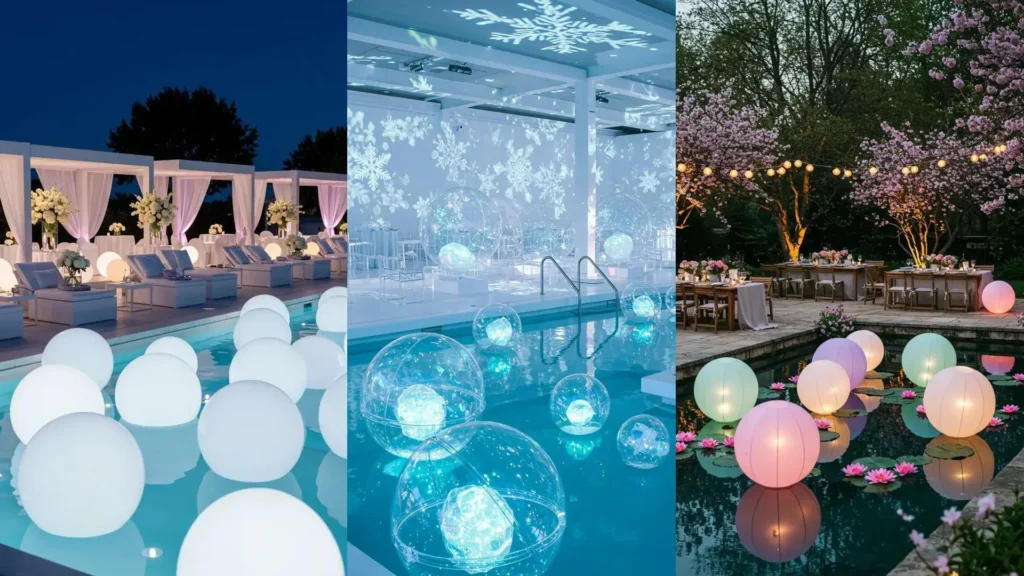 Decoraciones de piscina con globos flotantes y luces LED. Ambiente nocturno festivo para fiestas.