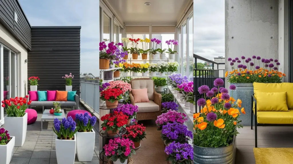 Varios balcones primaverales llenos de un estallido de flores multicolor, creando espacios vibrantes y coloridos para disfrutar.