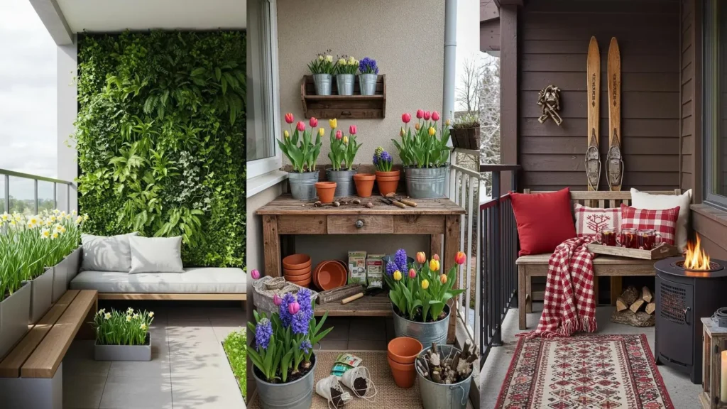 Balcones decorados para primavera, verano e invierno, mostrando ideas que se transforman con cada estación.