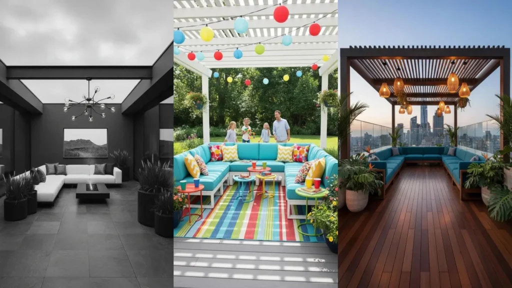 Patios chill out con cómodos sofás modulares y elegantes lámparas colgantes en diversos ambientes.