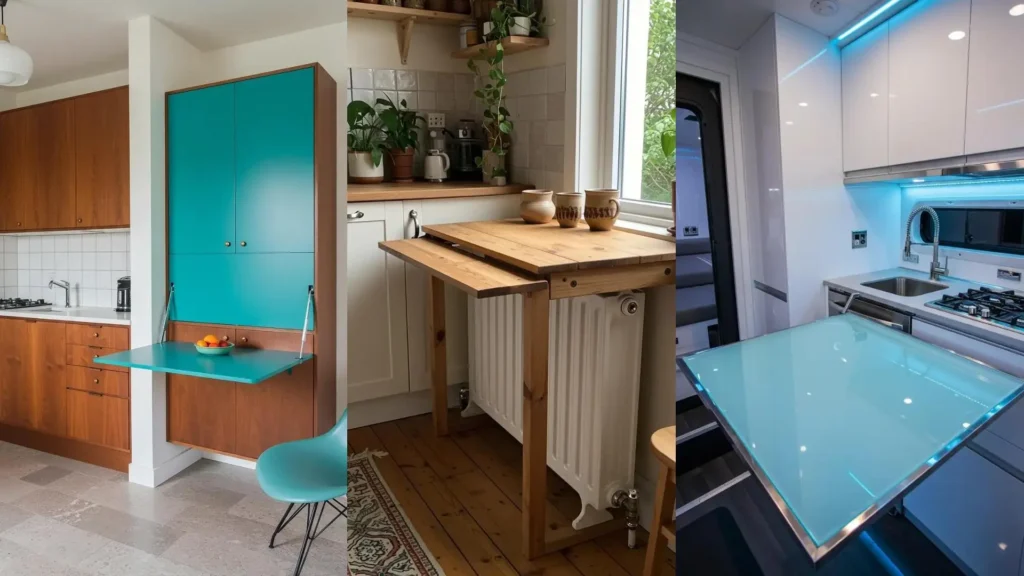 Varias mesas plegables creativas integradas en cocinas pequeñas para optimizar el espacio.