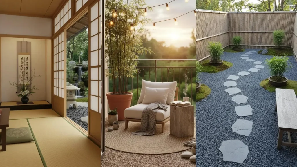 Balcón zen con bambú en maceta, un sillón acogedor y piedras decorativas para un ambiente sereno.