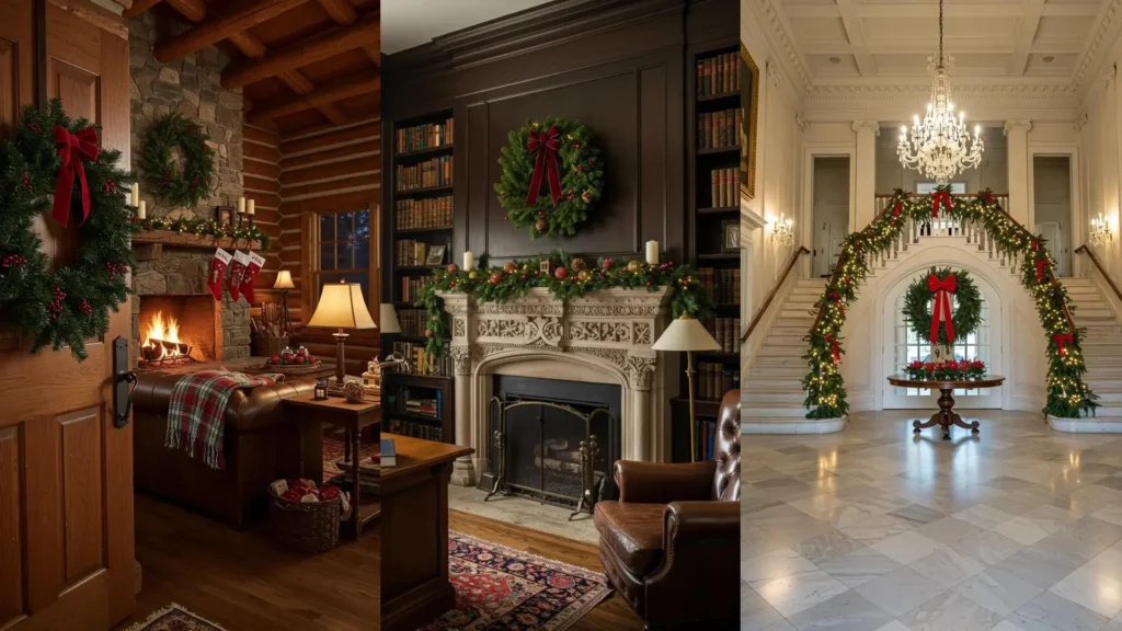 Coronas navideñas de pino y lazos rojos en puertas, chimeneas y escaleras, creando un ambiente festivo tradicional.