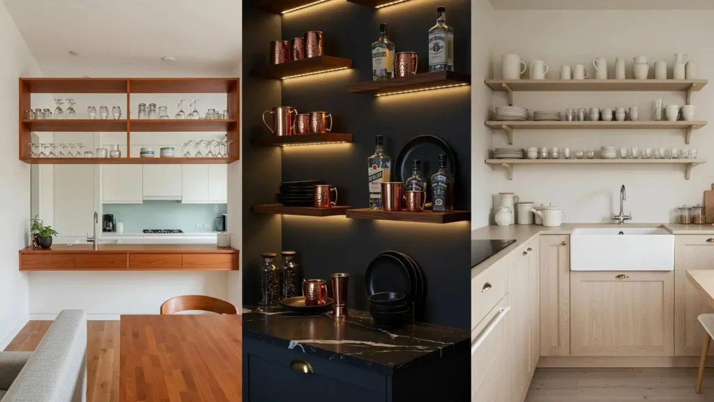 Ideas para decorar cocinas pequeñas con estanterías flotantes de madera natural para vajilla y copas.