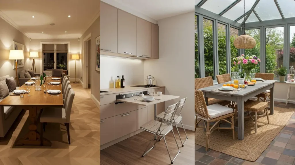 Varias mesas extensibles y compactas para cenas en espacios reducidos: desde comedores familiares a cocinas funcionales.