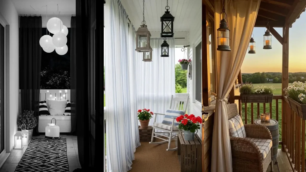 Balcones encantadores con cortinas ligeras y faroles colgantes, creando ambientes acogedores. Decoración exterior.