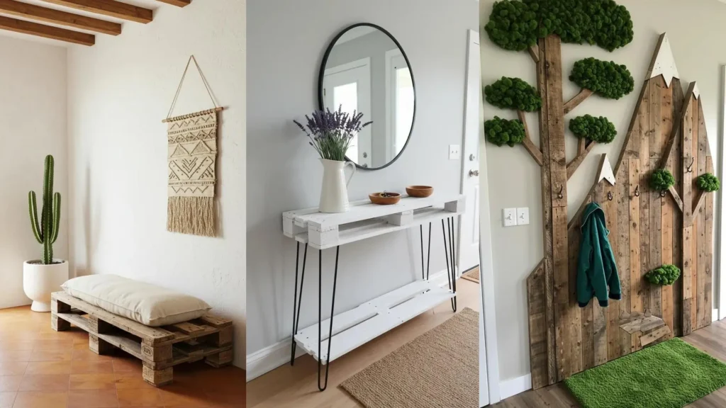 Entradas decoradas con muebles de palets: banco rústico, consola moderna y perchero temático, mostrando mucho carácter y creatividad.