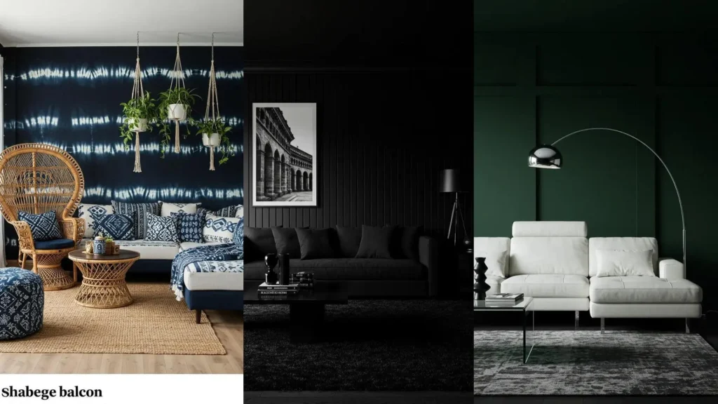 Inspiración para salas de estar sofisticadas y dramáticas con tonos oscuros: azul marino, negro y verde.