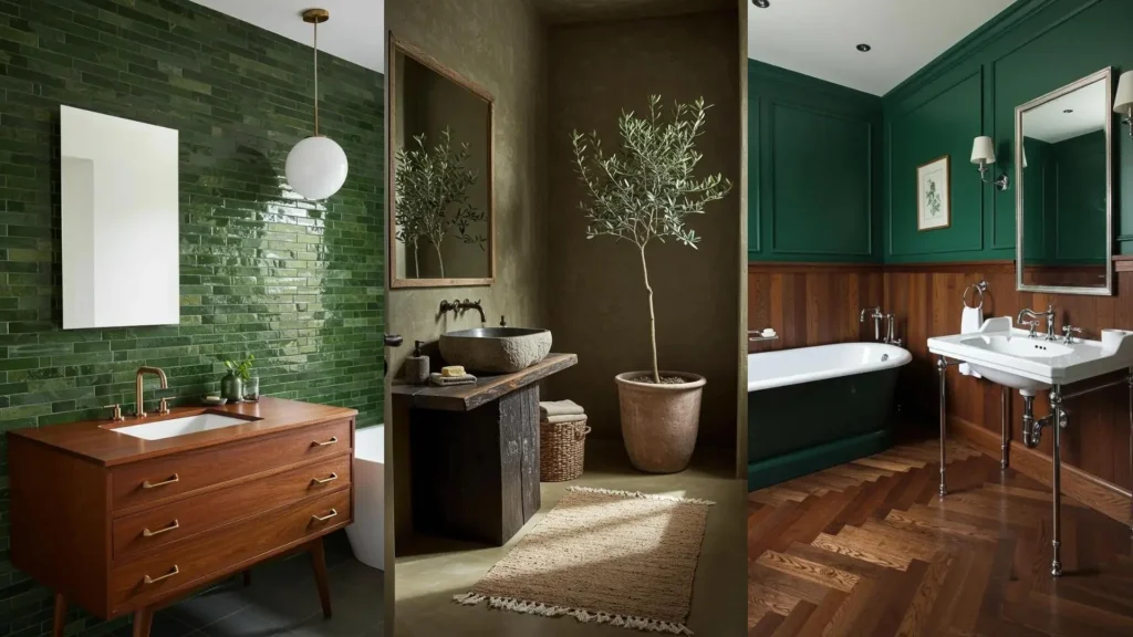 Tres baños con estética forestal, destacando azulejos verdes intensos, muebles de madera oscura y detalles naturales.